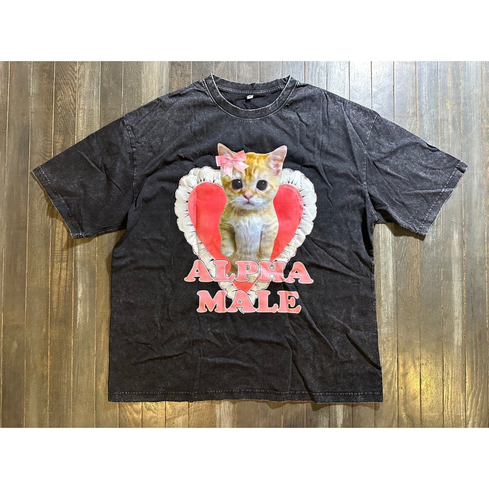 Alpha Male Kitten Graphic Tee Acid Wash Oversized Grey T-Shirt